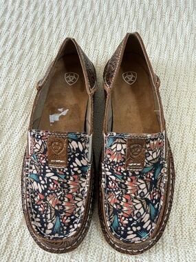Ariat Floral Canvas Slip-On Moccasins in Brown, Teal & Coral